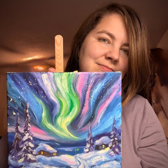 Original Painting of Northern Lights on Canvas 10x10" Wall Art Oil Painting - Picture 11 of 11